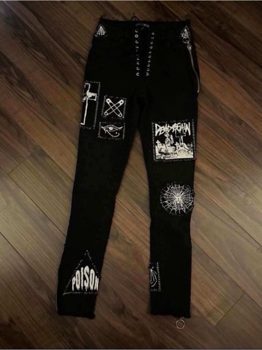 Dolls Kill Current Mood Stitch Lace-Up Patchwork Jeans black stretch
